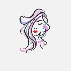 May include: Line art illustration of a woman's face with closed eyes and red lips. Her hair is styled in a flowing, abstract design with pink, purple, and blue colors.