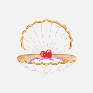 May include: A gold seashell with a pink interior and a red heart-shaped pearl inside.