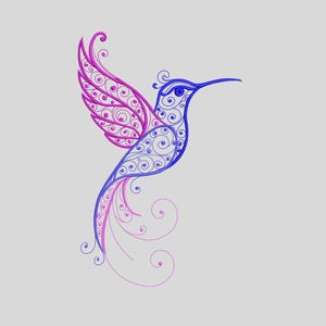 May include: A detailed illustration of a hummingbird in flight, featuring intricate filigree patterns. The bird's wings are a vibrant pink, transitioning to blue on the body and tail. Delicate swirls and curves enhance the design against a light gray background.