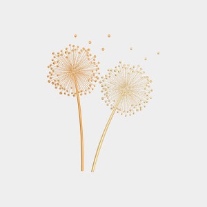 Puede incluir: Dos flores doradas con forma de diente de león con tallos delicados sobre un fondo blanco.
