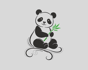 Puede incluir: Ilustración de un panda en blanco y negro sosteniendo una rama de bambú verde. El panda está sentado con una cara sonriente y remolinos negros debajo. La imagen está sobre un fondo gris claro.