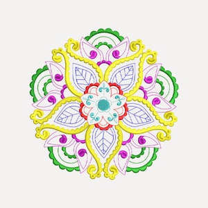 May include: A colorful mandala design with a central flower in shades of red, white, blue, and yellow. The mandala is surrounded by a ring of green, purple, and yellow leaves.