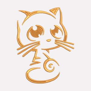 May include: A stylized line drawing of a golden cat with large eyes and a curled tail. The cat is facing the right side of the image.