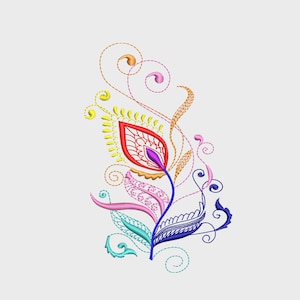 May include: A vibrant floral embroidery design with a central red, yellow, and purple flower. The design incorporates blue, pink, and teal leaves, and swirling gold and orange accents. This decorative embroidery is suitable for various craft projects, and is a great addition.