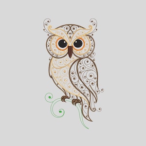 May include: An embroidered owl design with intricate details. The owl has a cream-coloured body with brown and gold accents, large black eyes, and orange eye rings. It is perched on a green, swirling branch against a light grey background.