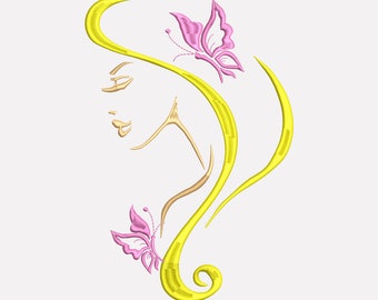 Embroidery design. Machine embroidery for clothes, bags. Young woman. Lady.