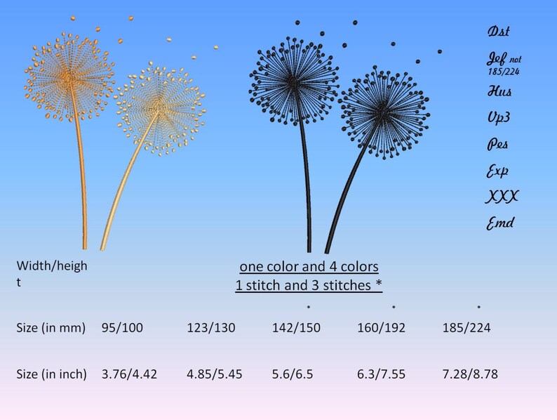 May include: A digital embroidery design of three dandelion flowers, one in black and two in gold. The design is available in two sizes: 3.76 inches by 4.42 inches and 7.28 inches by 8.78 inches. The design can be stitched with one color or four colors.