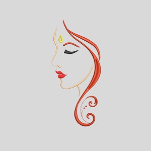 Puede incluir: Diseño bordado de un perfil femenino, con cabello rojo, labios rojos y un bindi amarillo. El diseño tiene un estilo minimalista con enfoque en líneas fluidas y una expresión serena. El fondo es gris claro sólido.