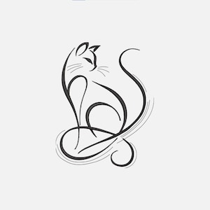 May include: A black line drawing of a stylized cat sitting with its tail curled around its body.