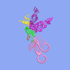 Embroidery design. Machine embroidery for clothes, bags. hummingbird, birdie, nature. One color and and four-color