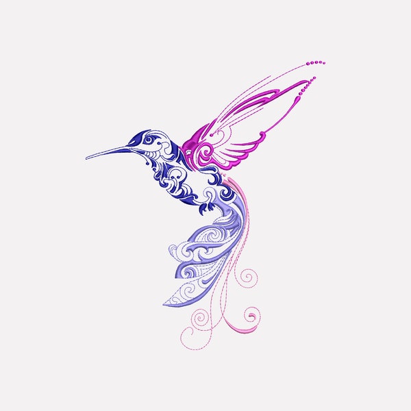 Embroidery design. Machine embroidery for clothes, bags. hummingbird, birdie, nature. One color and and four-color