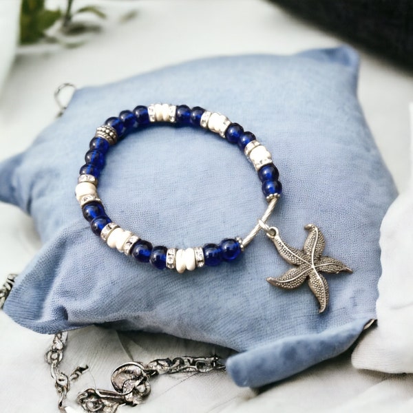 Bracelet élastique femme, bleu, beige, argent, étoile de mer, strass, cadeau, boho, bohème, howlite, bijoux fait avec amour taille 17cm