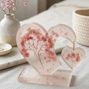 Sculpture Cœur Résine Effet Brume et Fleurs Séchées Roses - Pièce Unique - Décoration Romantique Bohème, Cadeau Mariage, Fête des Mères