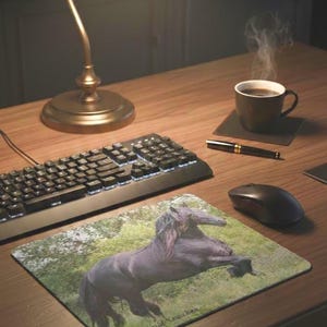 Könnte beinhalten: Ein rechteckiges Mauspad mit einem Fotodruck eines schwarzen Friesenpferdes, das sich auf einer grünen Wiese aufbäumt. Das Mauspad liegt auf einem Schreibtisch aus Holz neben einer schwarzen Computertastatur, einer Maus und einem Stift.