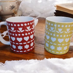 Handmade ceramic mug with hearts & flowers - Boho craft cup, romantic country style, ideal nature and love gift