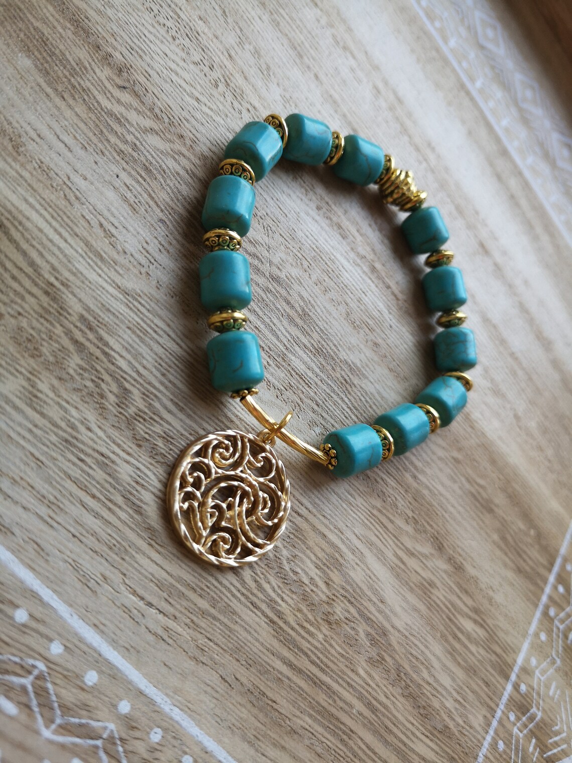 Bracelet Élastique Imitation Turquoise - Style Bohème - Argenté - Occasion