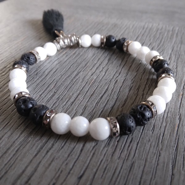 Bracelet de perle femme élastique, noir, blanc, argent, boho, cadeau, pompon, onyx mat, strass, bohème, fait main et avec amour taille 16 cm