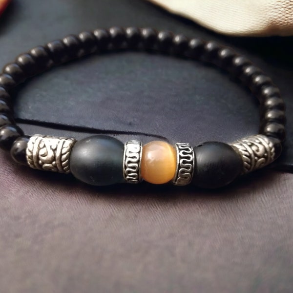 Bracelet élastique homme, noir, argent, orange, perle, verre de bohème, verre poli, cadeau, œil de chat, boho, fait avec amour taille 18cm