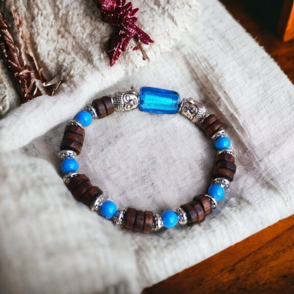 Bracelet élastique homme, marron, bleu, argent, perle, bois de coco, feuille d'argent, bohème cadeau, bijoux fait avec amour taille 17cm