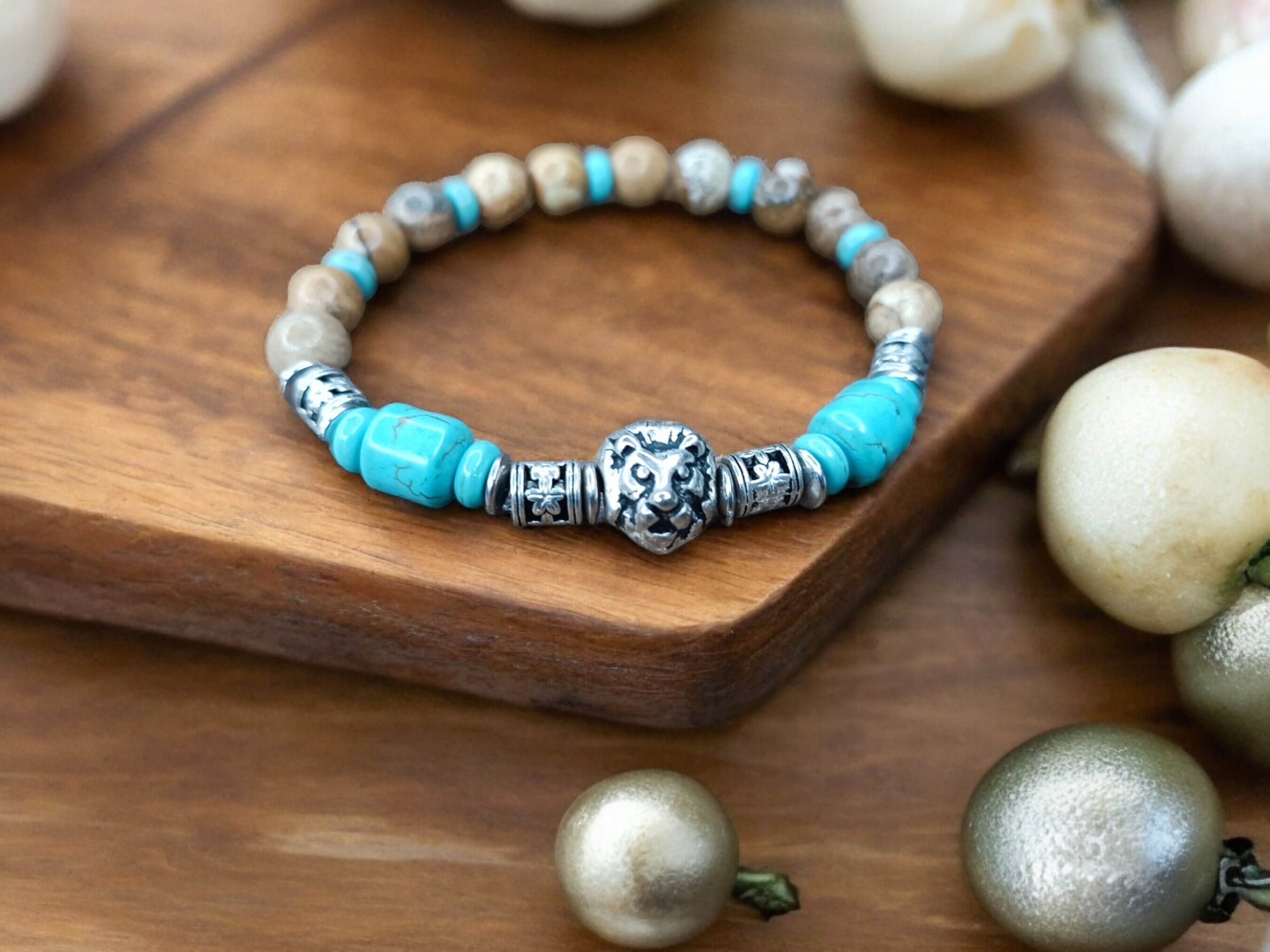 Men's bracelet with natural brown turquoise stones, silver lion head, elastic handcrafted jewelry, boho chic men's gift
