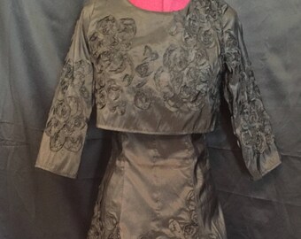 Black Embroidered Silk Dress with Attached Cape