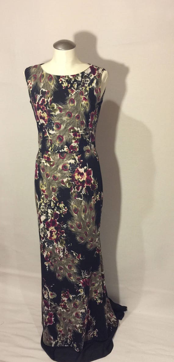 peacock print maxi dress