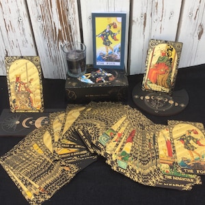 Cartas de Tarô, Tarô de Folha de Ouro, Tarô Rider Waite, Leituras de Tarô, Porta-Cartas de Tarô, Velas de Soja, Bruxaria, Wiccan, Adivinhação, Tarô