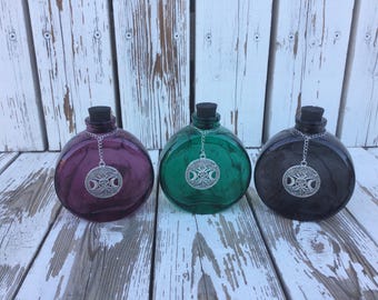 Bouteille ronde de potion, bouteille d'apothicaire, bouteille d'herbes aromatiques, bouteille d'eau pleine lune, outil d'autel, bouteille arbre de vie, bouteille de potion, pot de sorcière