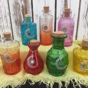 Celestial Moon Water, Moon Water Bottle, Potion Bottle, Spell Bottle, Celestial Jewelry, Colored Glass Bottles, Altar Tools, Witchcraft