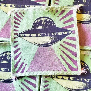 ufo patch sew on clothing, bags, back packs, etc. screen print patch  made from recycled tshirt material sustainable handmade art blobdogCo