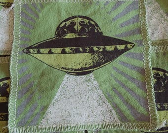 UFO Patch: Screen Print Alien Design, Upcycled Fabric
