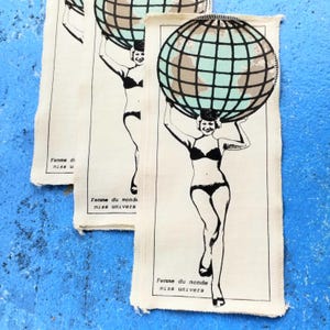 Pin up patch atlas woman strong woman art patch applique for clothing made with upcycled t-shirts and screen printed with love by blobdogCo