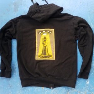 Upcycled Black Sweatshirt: UFO Woman Patch, Screenprint Design