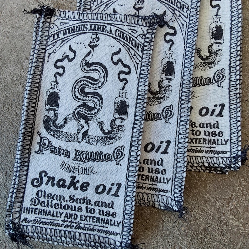Vintage Snake Oil Patch: Zeefdruk opnaaiapplicatie voor kleding, tassen, rugzakken en jassen. afbeelding 2
