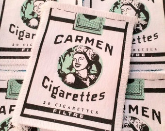 Screen print patch sew on patch from recycled tshirt material sustainable patch art vintage advertising sewing applique cigarette patches