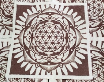 Flower of Life patches made from up cycled t shirt material hand pulled screen printed patch for clothing and accessories, art by BlobdogCo