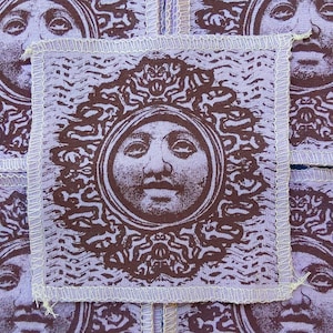 Sun Face screen printed patch: Recycled Material Sew-On Patch purple color