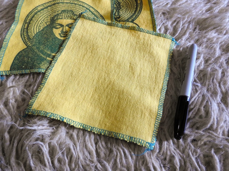small art for mediation shrine yoga buddha screen print patch on recycled t shirt material sew on clothing blankets tapestries pillows etc