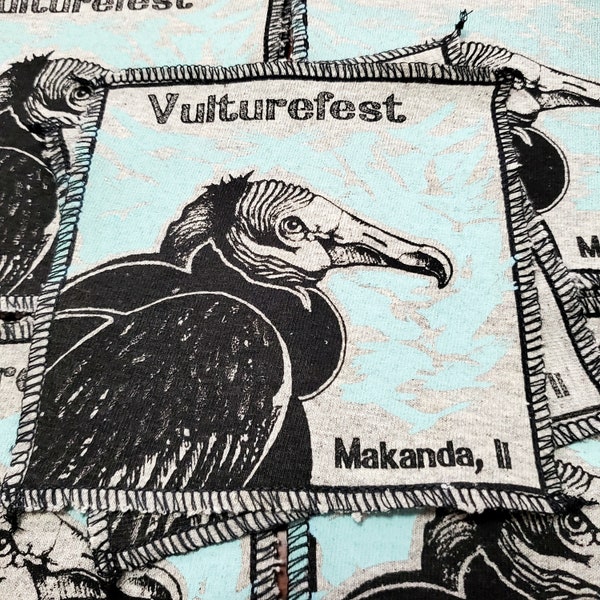 Vulture patch from recycled tshirt material hand drawn & screen printed for festival in makanda illinois sew on clothing, by blobdogCo