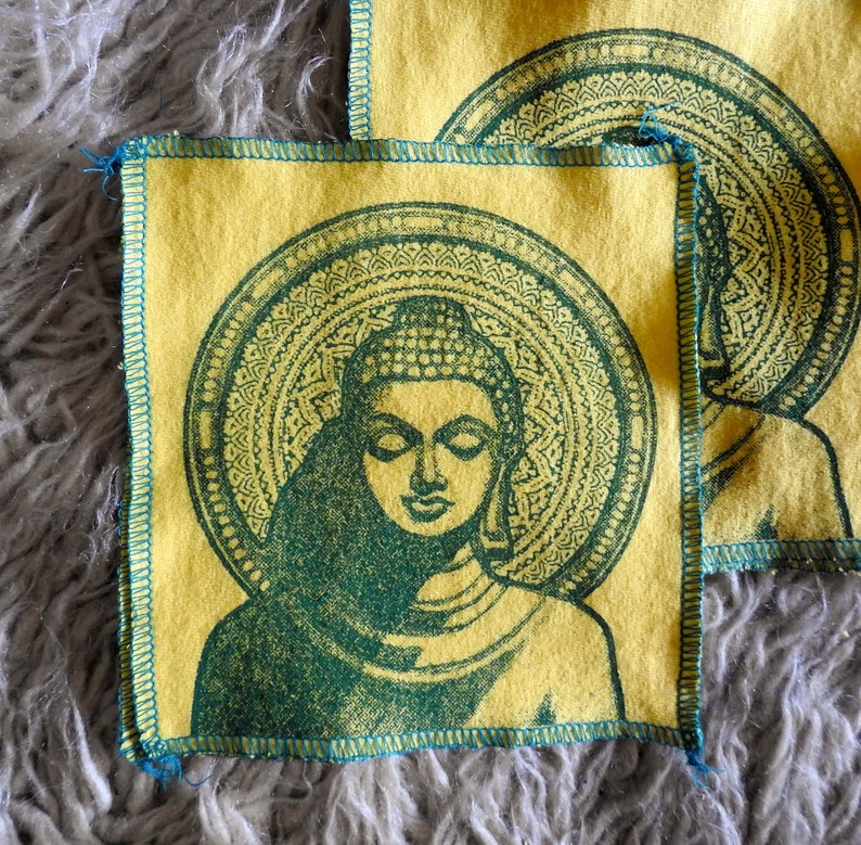 small art for mediation shrine yoga buddha screen print patch on recycled t shirt material sew on clothing blankets tapestries pillows etc