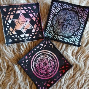 Sacred Geometry Patches: Set of 3 screenprint patches on Recycled Tie-Dye tees