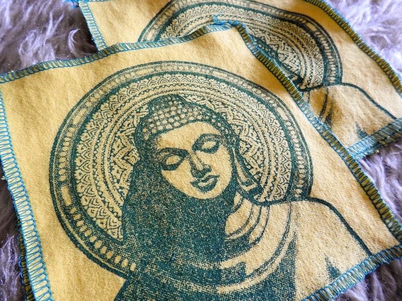 small art for mediation shrine yoga buddha screen print patch on recycled t shirt material sew on clothing blankets tapestries pillows etc