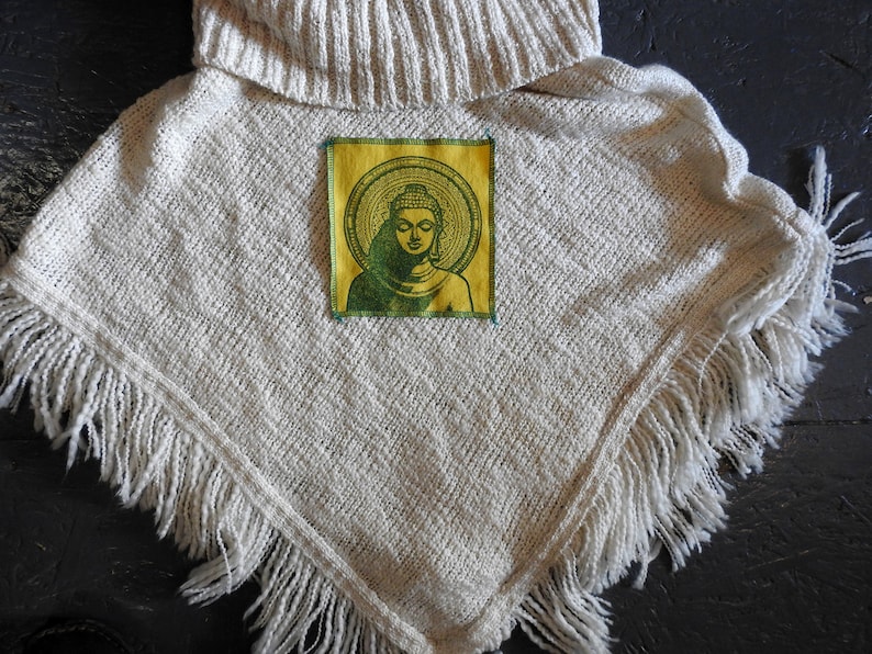 small art for mediation shrine yoga buddha screen print patch on recycled t shirt material sew on clothing blankets tapestries pillows etc