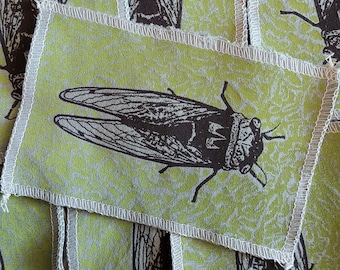 Cicada patch: screen printed made on recycled tshirt material for clothing projects by blobdogCo