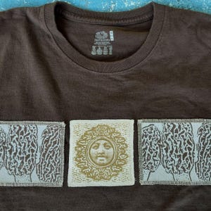 Morel mushroom sewn on patches to long-sleeved t shirt