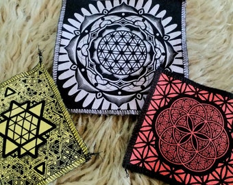 Sacred geometry patches set of three patches screenprinted and made from up-cycled t shirts sew on patches fabric applique art by BlobdogCo