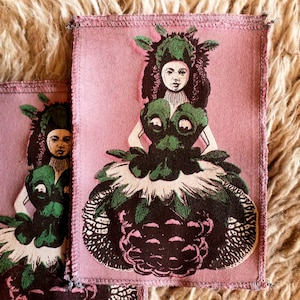 Fruit Girl Screenprint Patch: Handmade Recycled T-Shirt Material