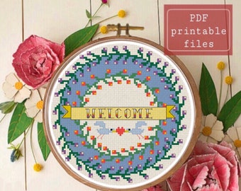 Welcome wreath cross stitch pattern! Instant download PDF