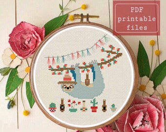 Party sloth funny cross stitch PATTERN! Instant download PDF