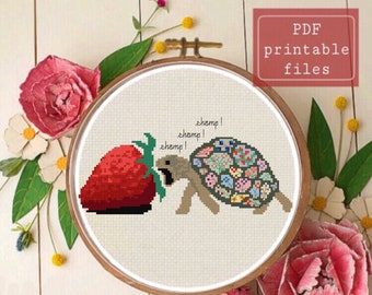 Baby turtle eating strawberry cross stitch PATTERN! Instant download PDF